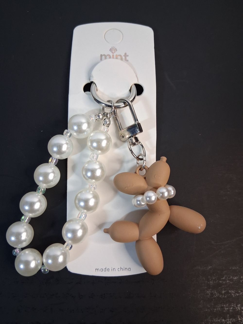 Mint Pearl Beaded Wristlet Keychain with Balloon Dog Charm